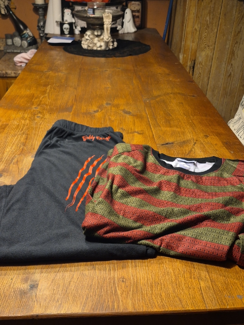 Freddy Krueger Mens Striped Sweater and Black Lounge Pants Set - Red & Green